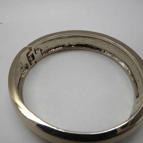 Gold Tone Bracelet Hinged Bangle Black Gilt Rhinestones Encrusted - Picture 5 of 10